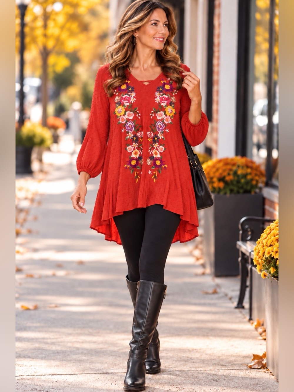 Umgee Textured Floral Embroidered Tunic in Orange Flowy Elastic Cuff